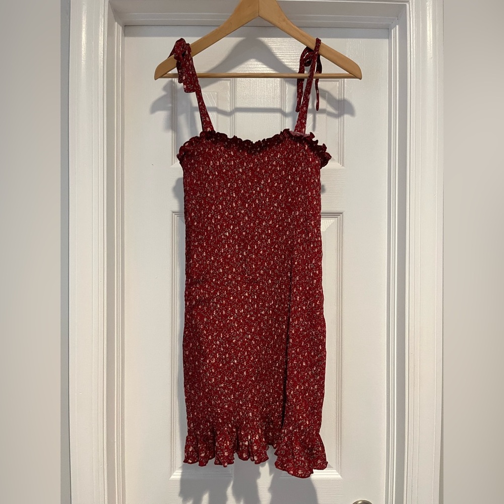 In Loom Smocked Maternity Dress, Red w/ Floral Print - Size M